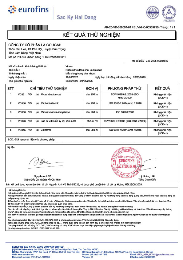 KẾT QUẢ THỬ NGHIỆM VI SINH - LA GOUGAH